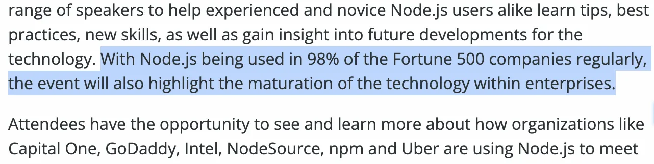 Node.js 在 500 强使用情况